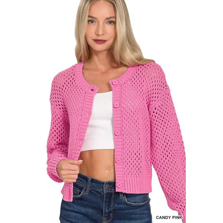 Crochet Sweater Cardigan, Color: Candy Pink, Size: Small