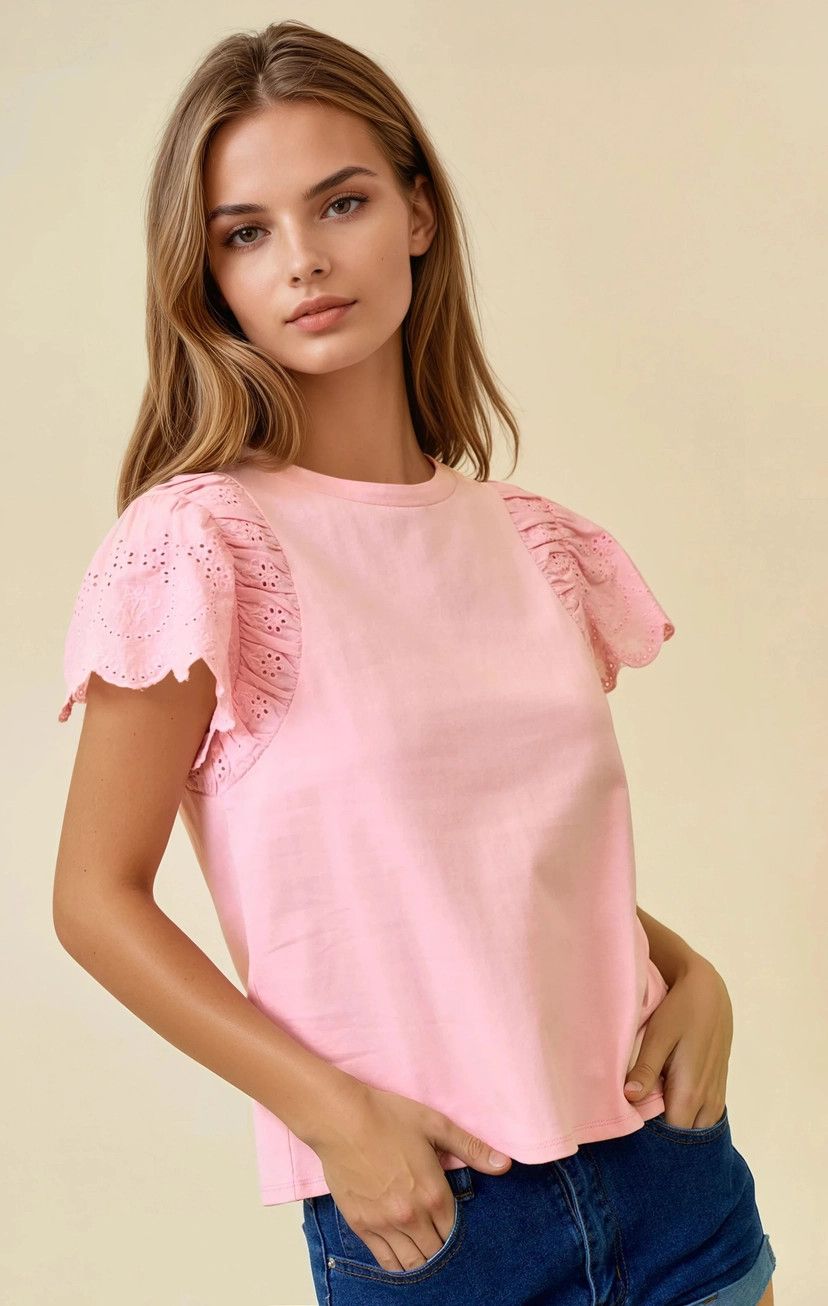Ruffled Eyelet SS Top, Color: Soft Pink, Size: Small