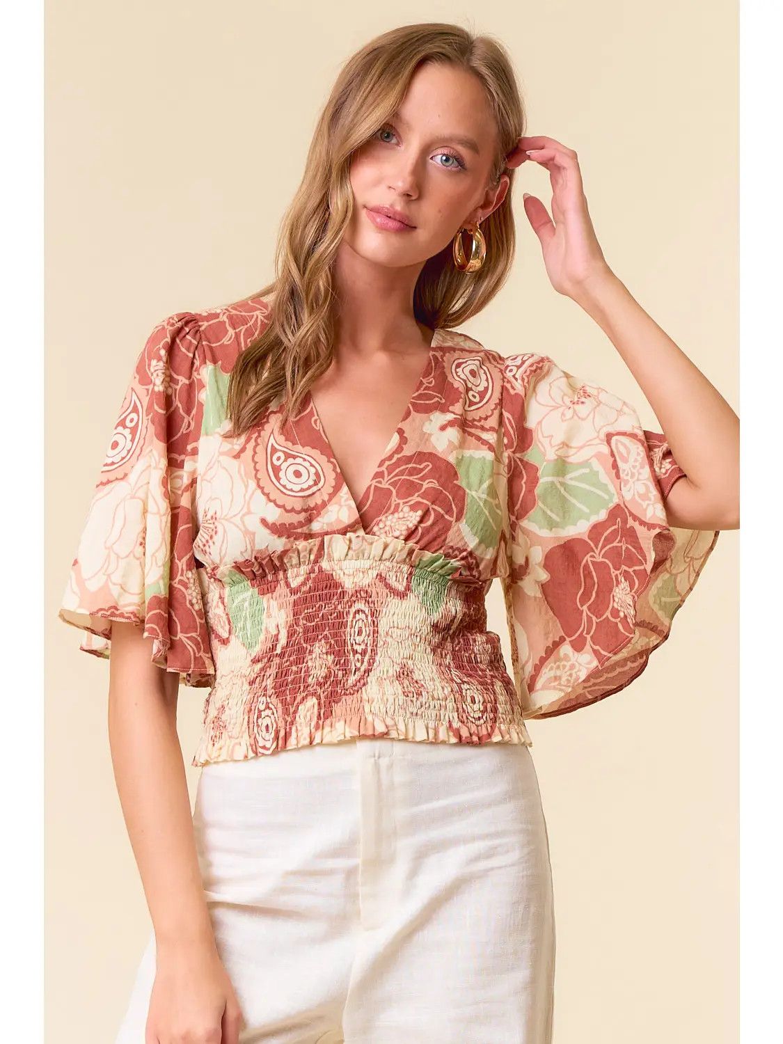V-Neck Smocked Crop Top, Color: Cinn/Sage, Size: Small