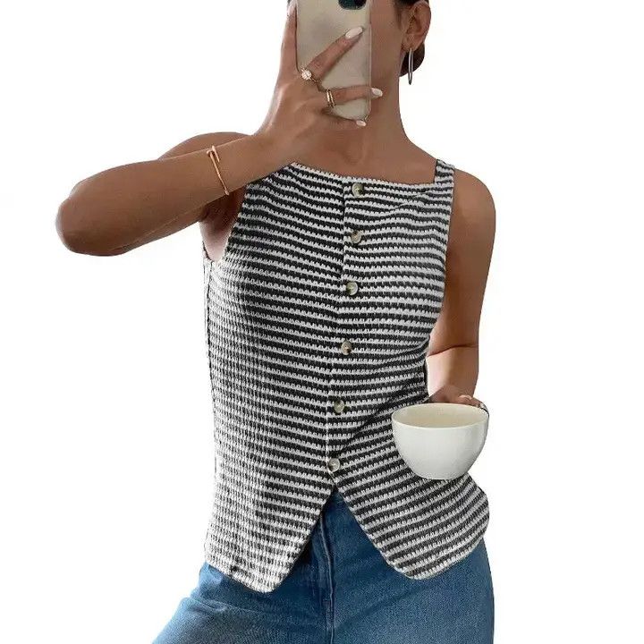Stripe Tank Button  Front, Color: Black, Size: Medium