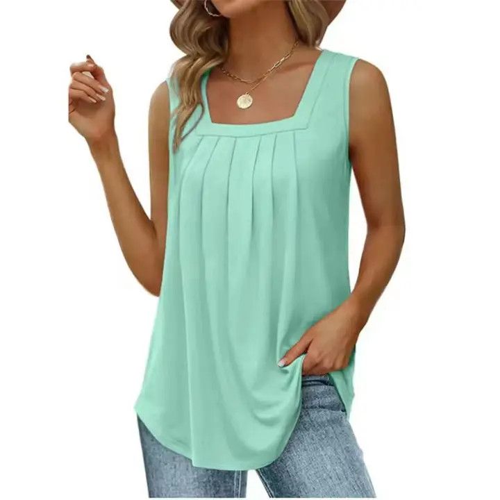 Pleated Neck Tank, Color: Green, Size: Large