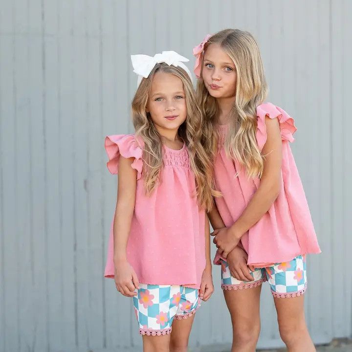 Check Wave Short Set, Color: PNK/Teal, Size: 2T