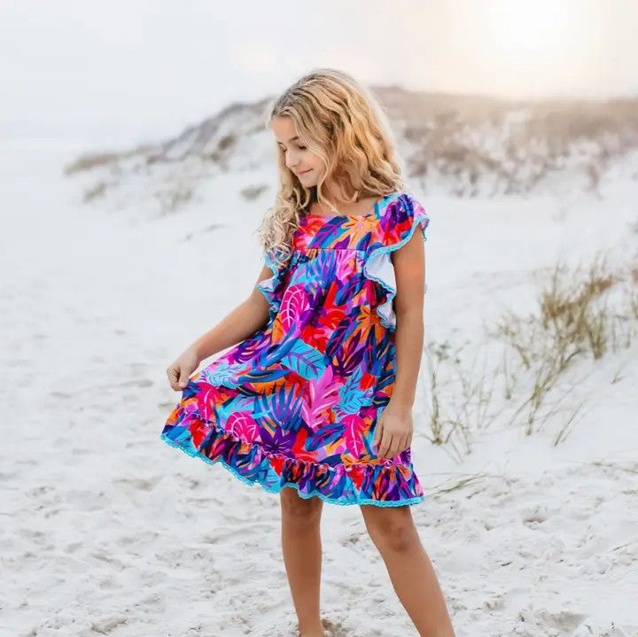 Tropical Ruffle Dress, Color: PNK/BLU, Size: 3/4
