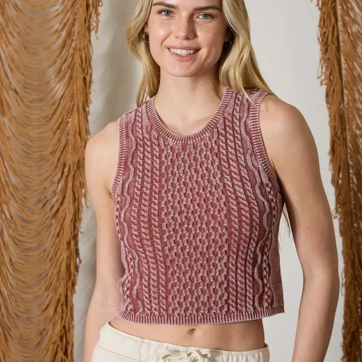 Cable Knit Slvs Sweater, Color: Terracotta, Size: Small