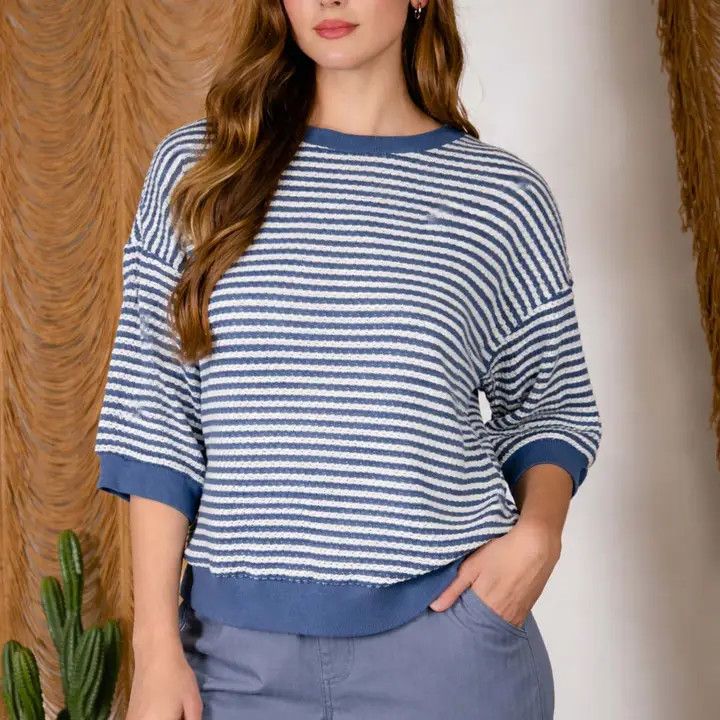 Stripe SS Knit Top Lt Denim Small