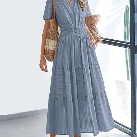 V Neck Smock Puff Sleeve Midi, Color: Sea Blue, Size: Small