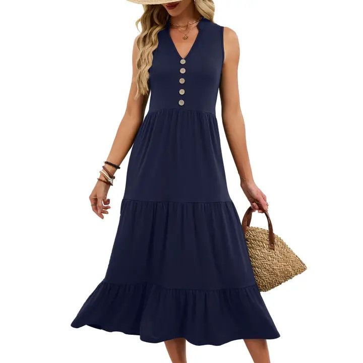 V Neck Button Tiered Midi Dress, Color: Navy, Size: Small