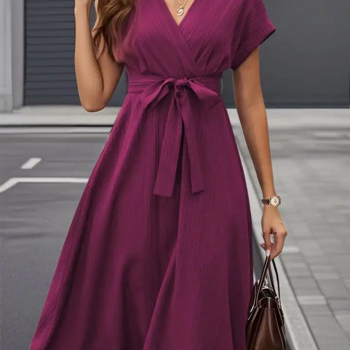 V-Neck Tie Waist SS Midi Dress, Color: Fushia, Size: Large