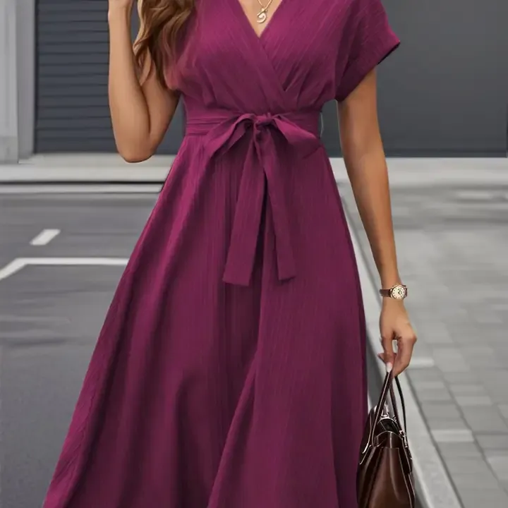 V-Neck Tie Waist SS Midi Dress