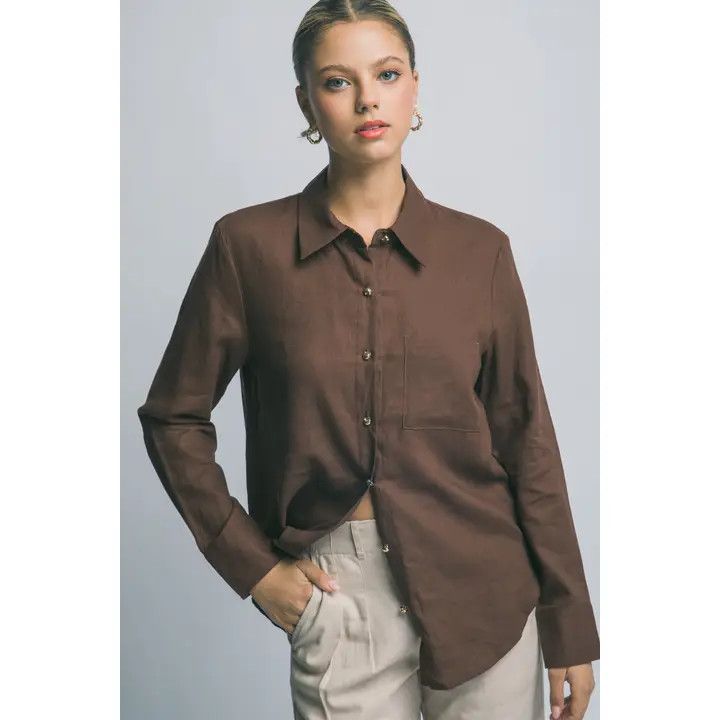 Linen Button Shirt, Color: Chocolate, Size: Small