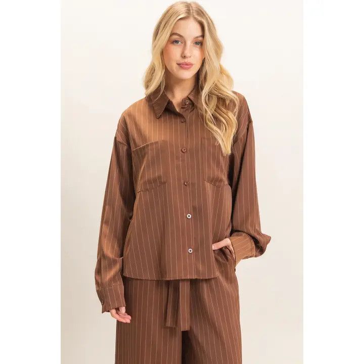 Stripe Button Up Blouse, Color: Chocolate, Size: Small