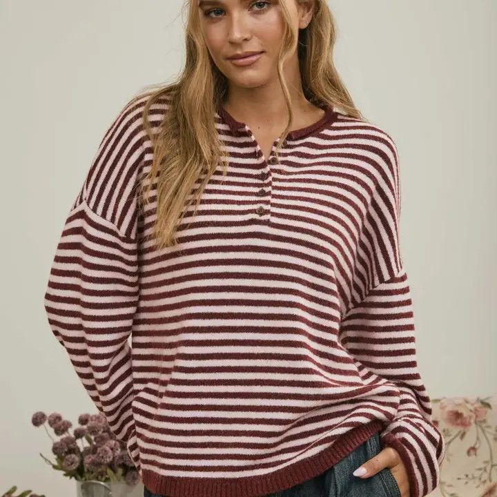 Button Henley Stripe Sweater, Color: Burgundy, Size: Small