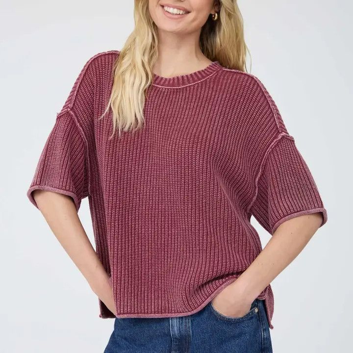Washed Crew Raw Edge Sweater, Color: Burgundy, Size: Small