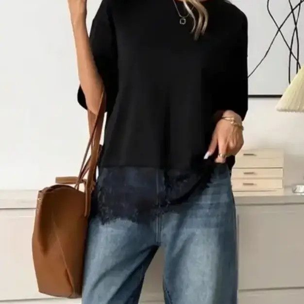 Black lace trim SS Top, Color: Black, Size: Small