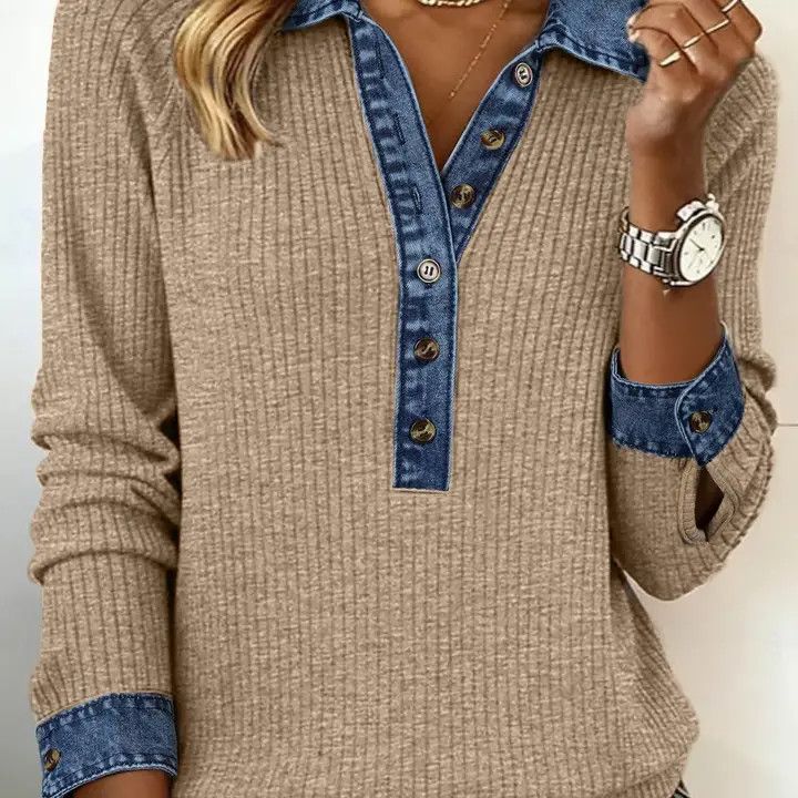 Knit &amp; Denim L/S Shirt, Color: Beige, Size: Small