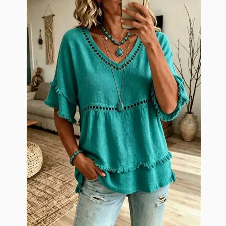 V Neck Ruffle Sleeve Blouse, Color: Blue, Size: Small
