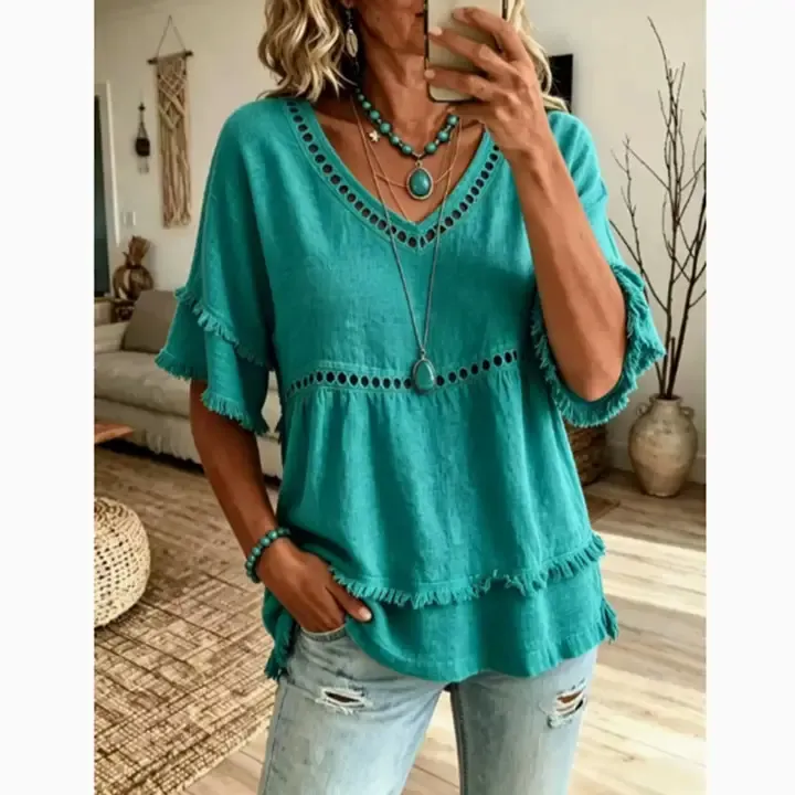 V Neck Ruffle Sleeve Blouse