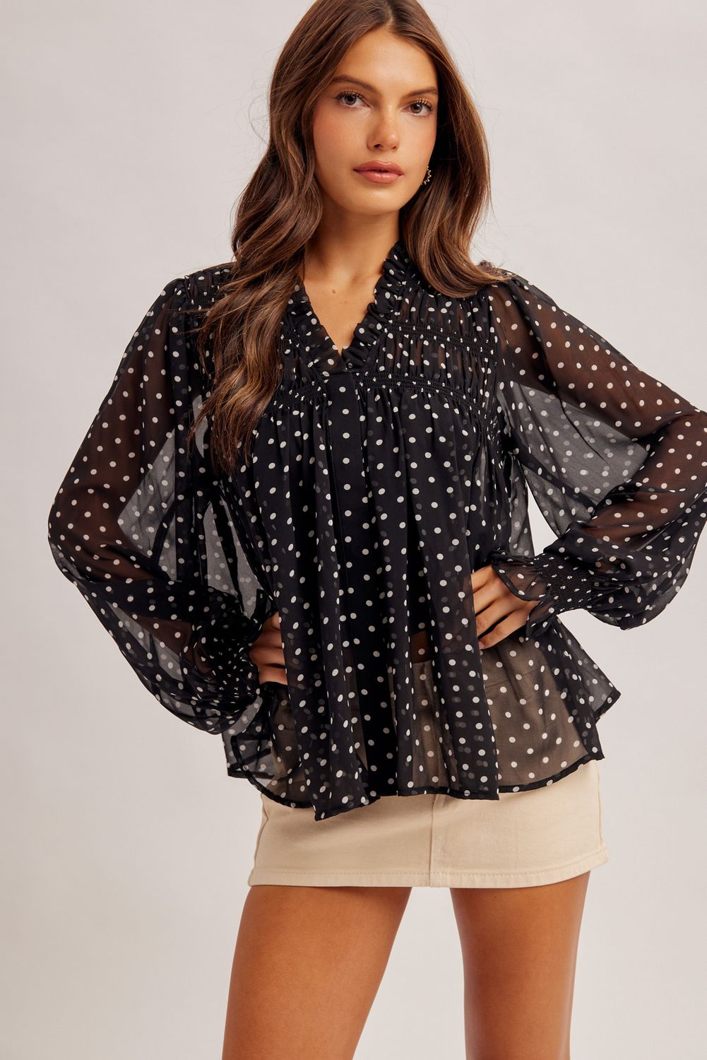 Smocked Yoke Dot Top, Color: Mocha, Size: Small