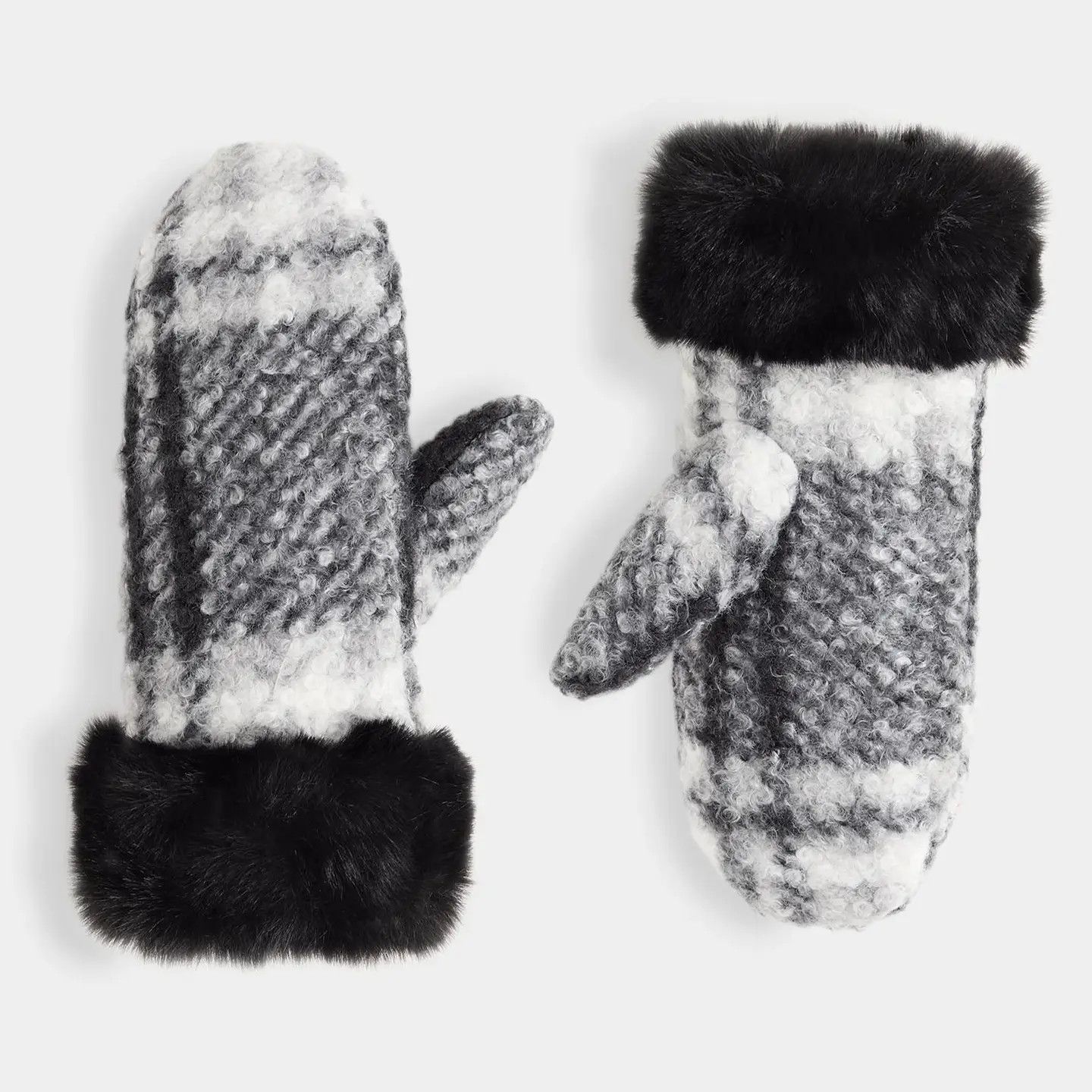 Fur Cuff Plaid Mitten, Color: Blk/Wht, Size: O/S