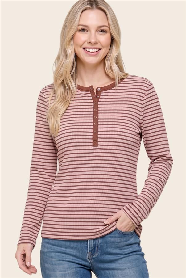 Stripe 1/2 Button Crew, Color: Blush, Size: Small