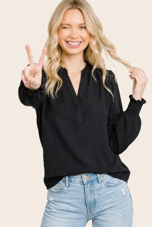 Y Split Neck Blouse, Color: Black, Size: Small