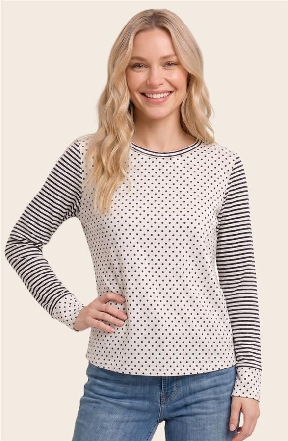 Polka Dot/Stripe Top, Color: Ivory, Size: Small