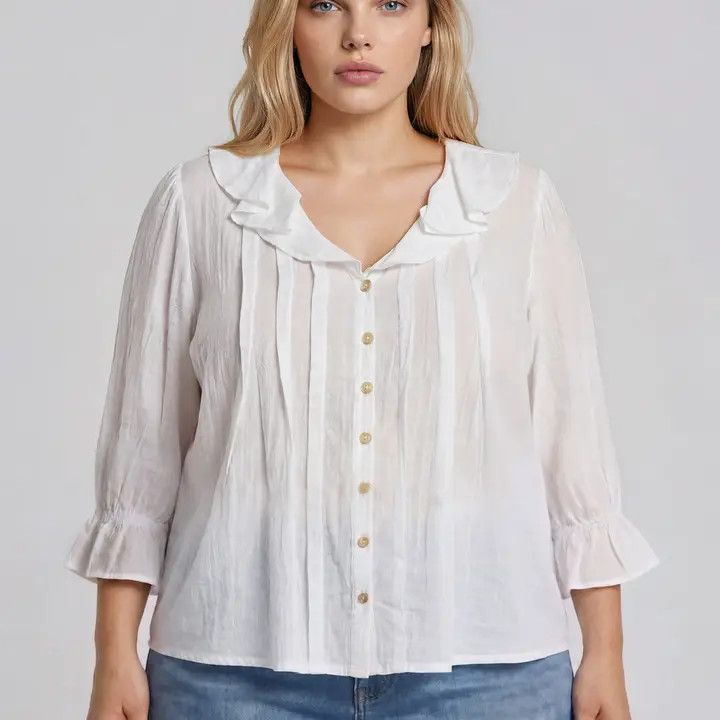 Ruffled Vneck 3/4 Sl Blouse, Color: White, Size: Xlarge