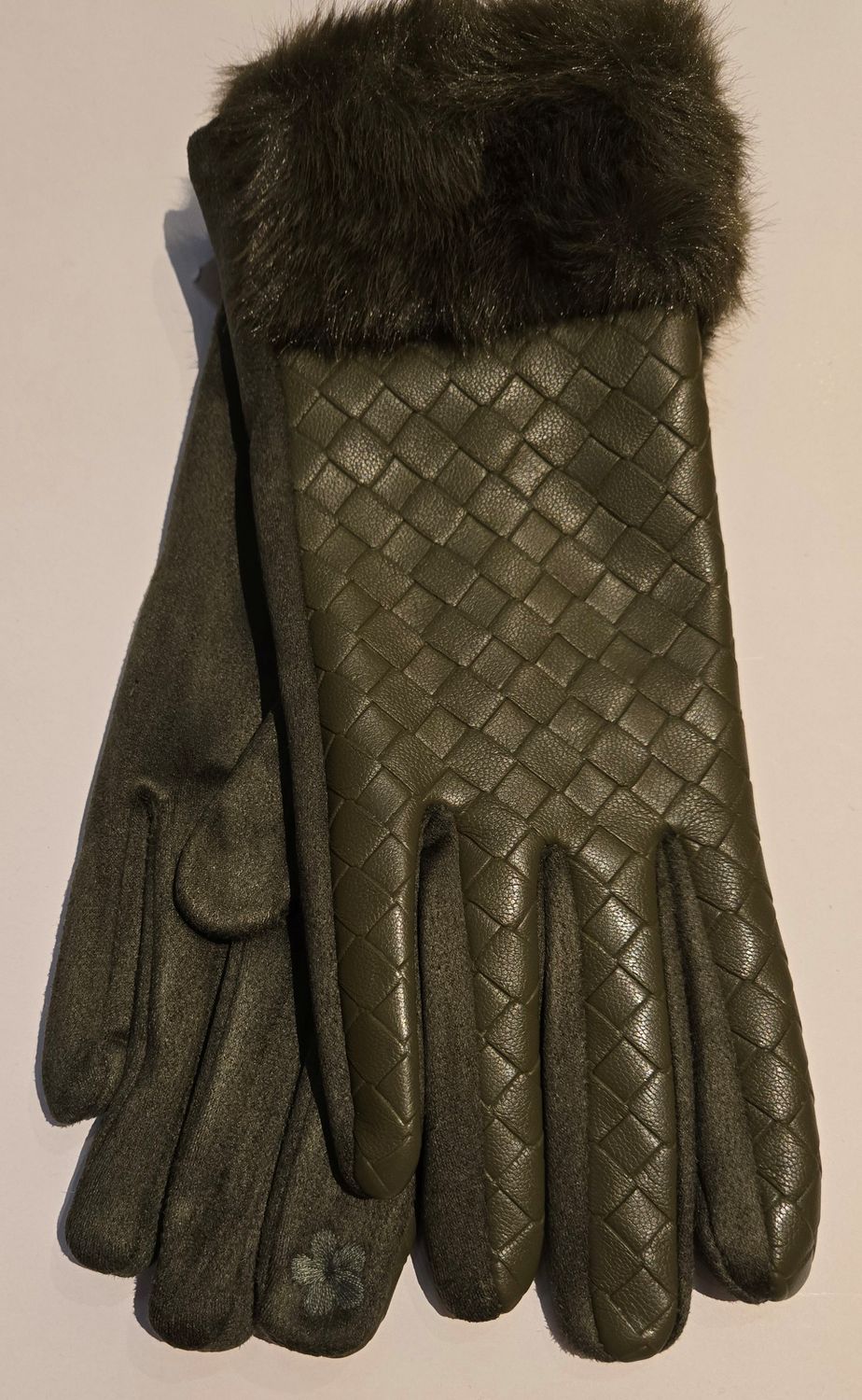 Fur Cuff Gloves, Color: Olive, Size: O/S