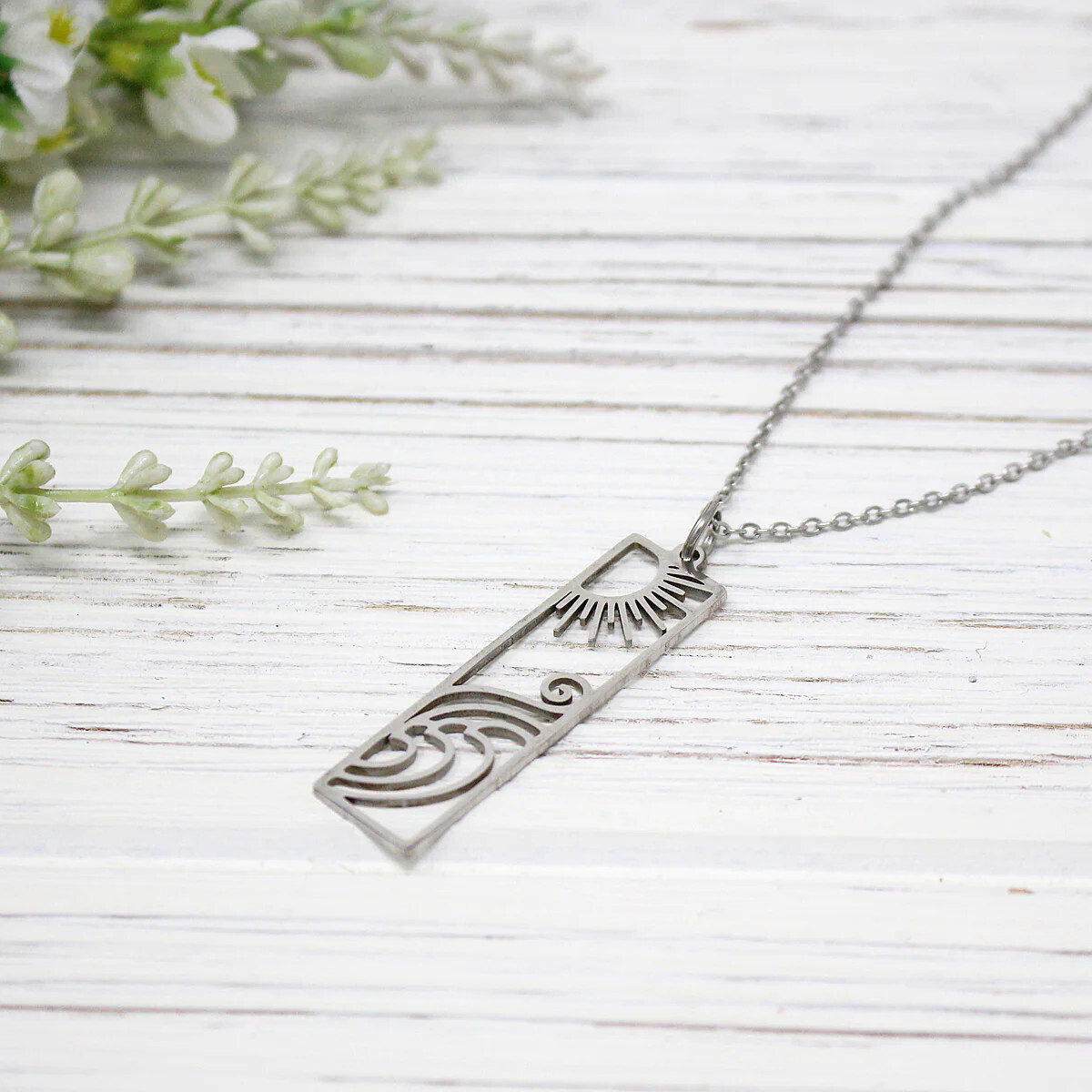 Sun &amp; Wave Necklace, Stainless Steel