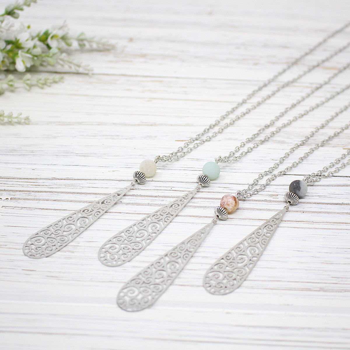 🇨🇦 Filigree Teardrop &amp; Matte Amazonite Necklace, Asst