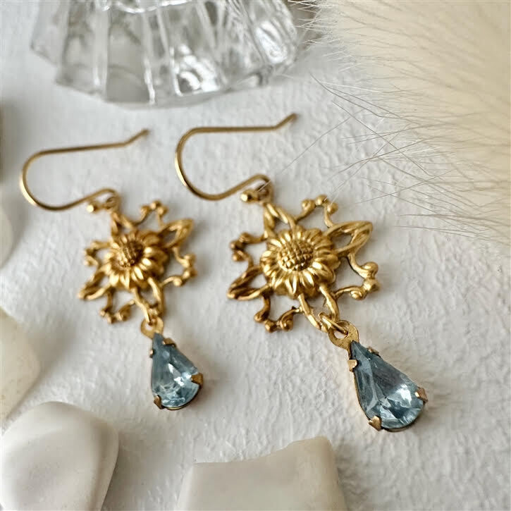 Bordeaux Brass Flower Charm Earring