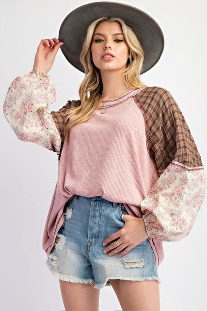 Mixed Sleeve Rib Knit Top
