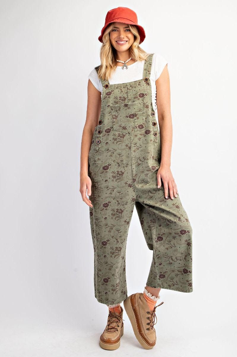 Printed Twill Overalls, Olive,