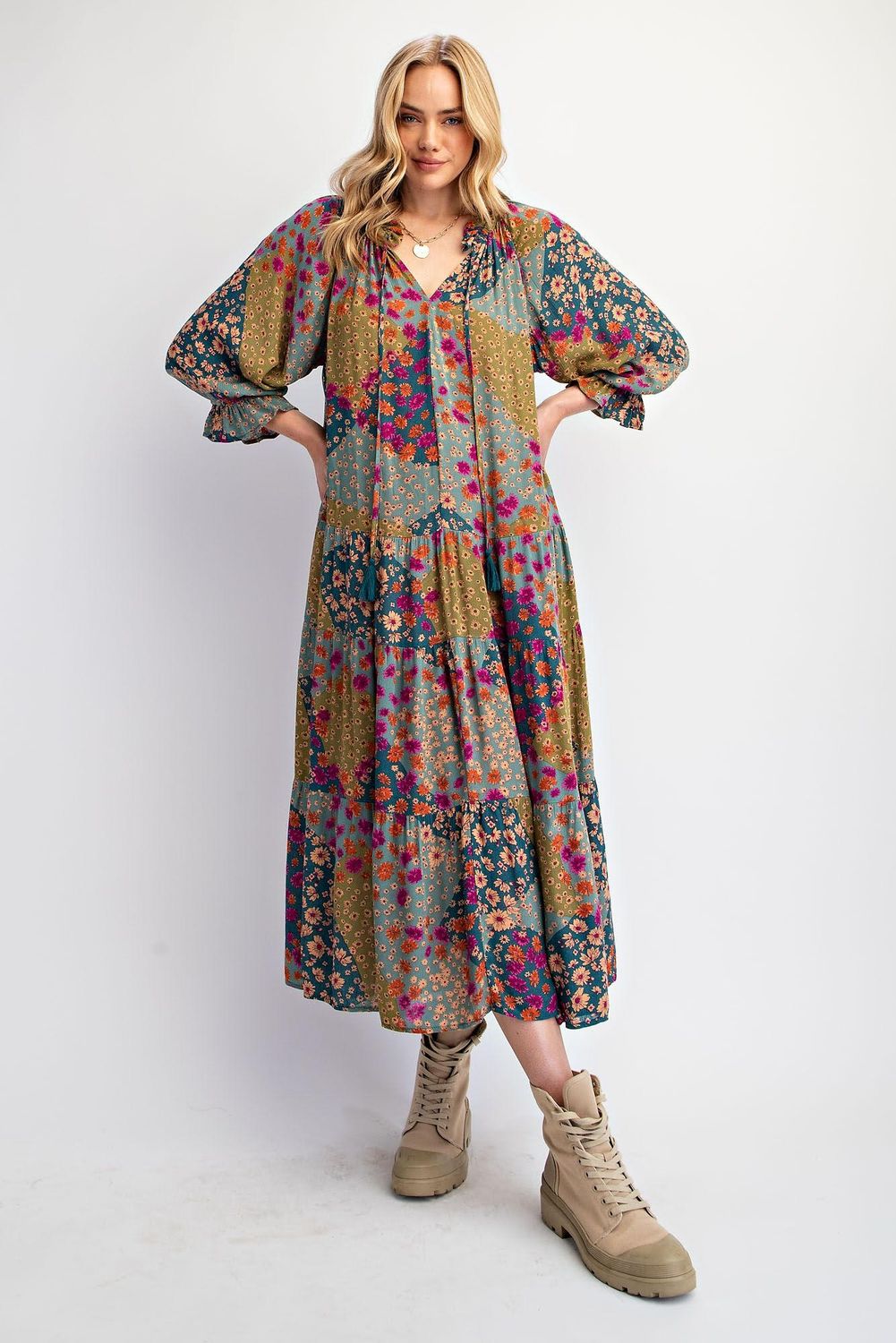 Floral Patch Long Tiered Dress