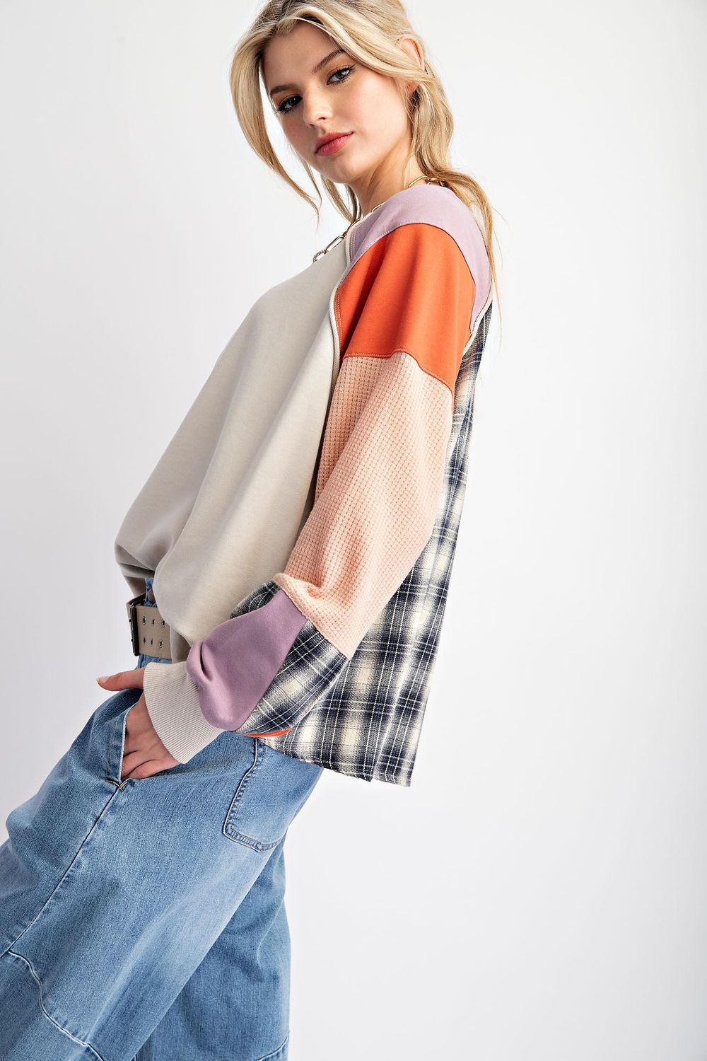 Plaid Mix Crew Pullover