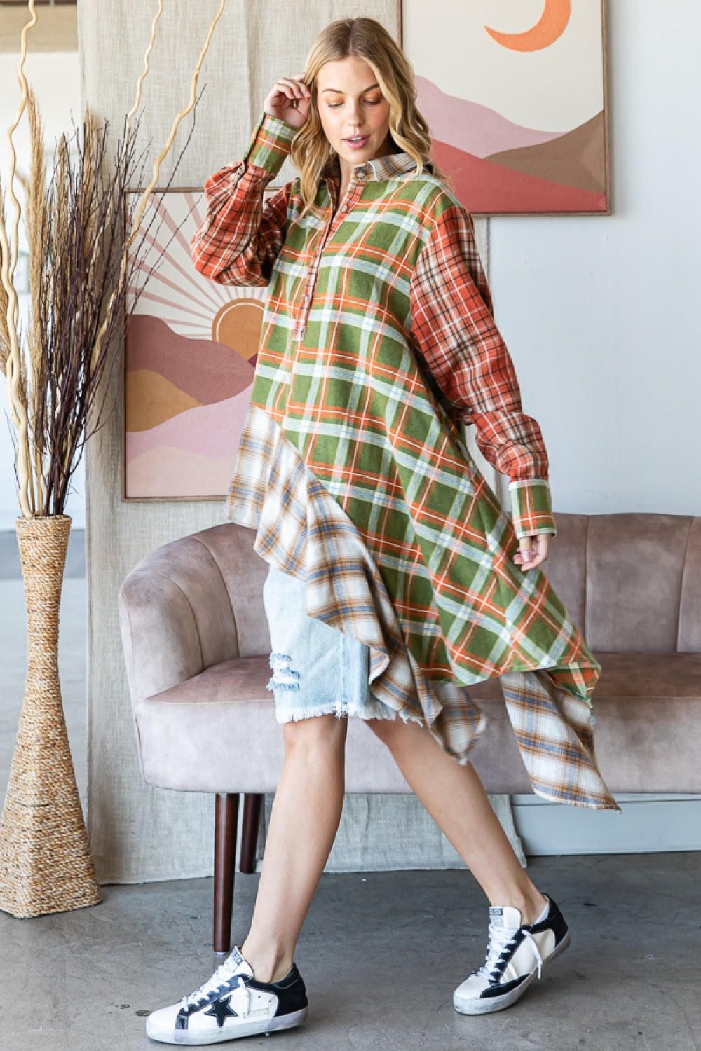 Washed Plaid Asymmetrical Hem Shirt