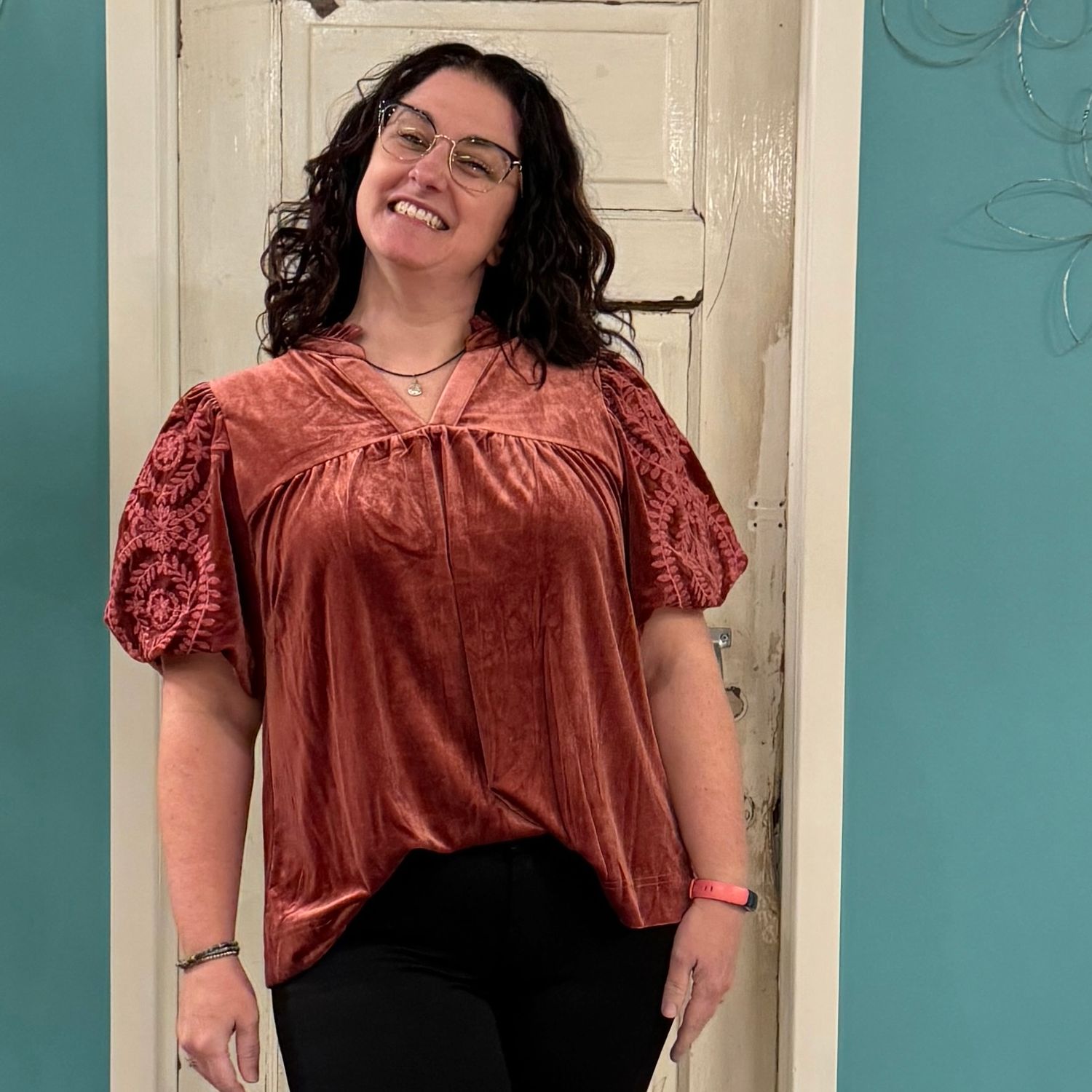 Embroidered Puff Sleeve Velvet Top