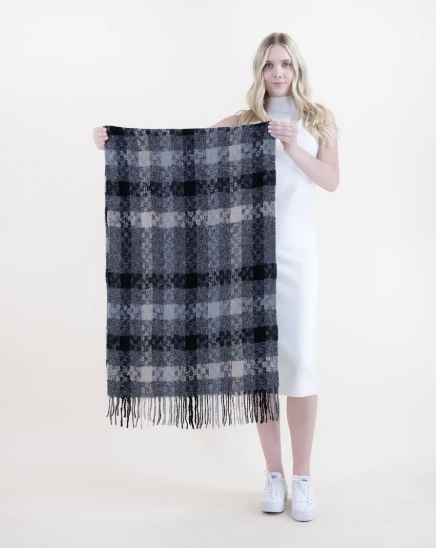 Autumn Plaid Fringe Scarf, Black Gray