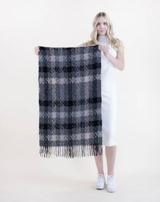 Autumn Plaid Fringe Scarf, Black Gray