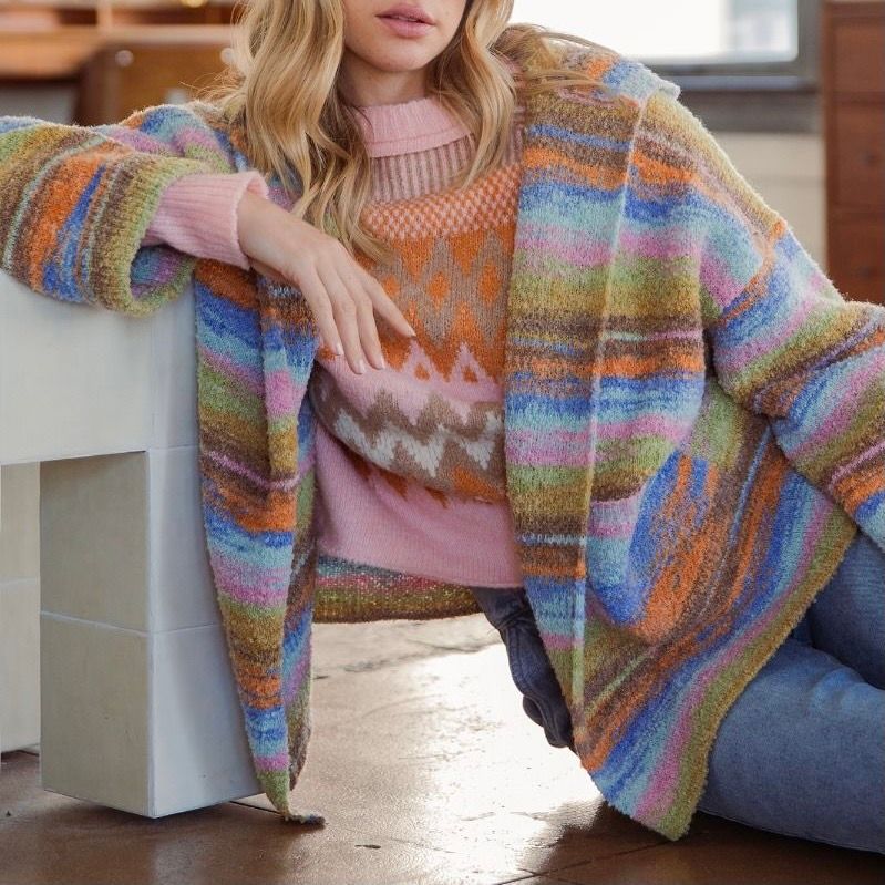 Stripe Pattern Knit Hoodie Cardigan