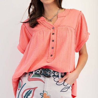 Button Neck Soft Gauze Top