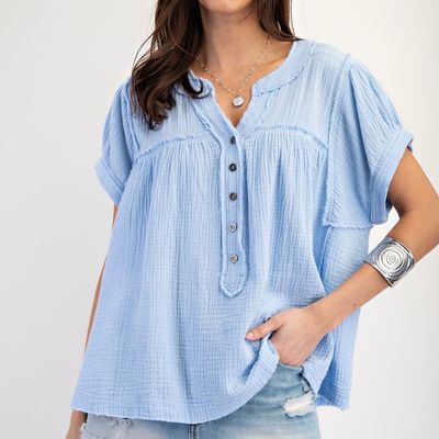 Button Neck Soft Gauze Top