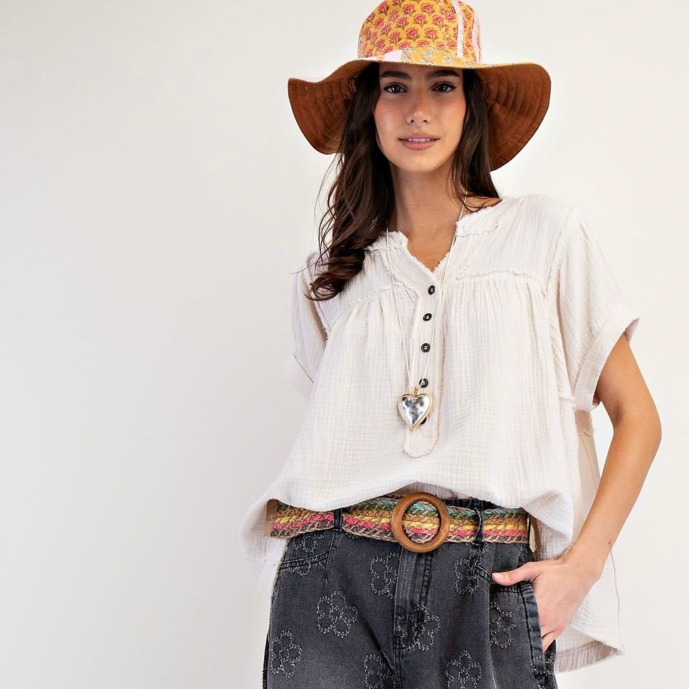 Button Neck Soft Gauze Top