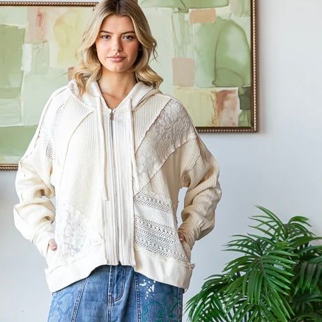 Washed Lace Detail Zip Up Hooded Jacket