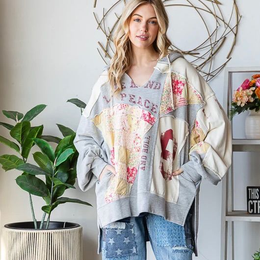 Patchwork Letter Print Detail Hooded Top