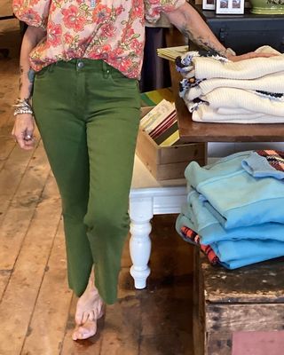 Kelsey High Rise Ankle Flare, Raw Hem, Army Green