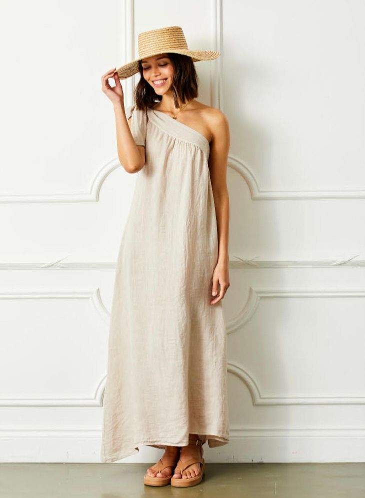Siena Linen One Shoulder Dress, Black