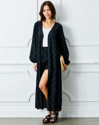 Pueblo Broderie Long Kimono, Black