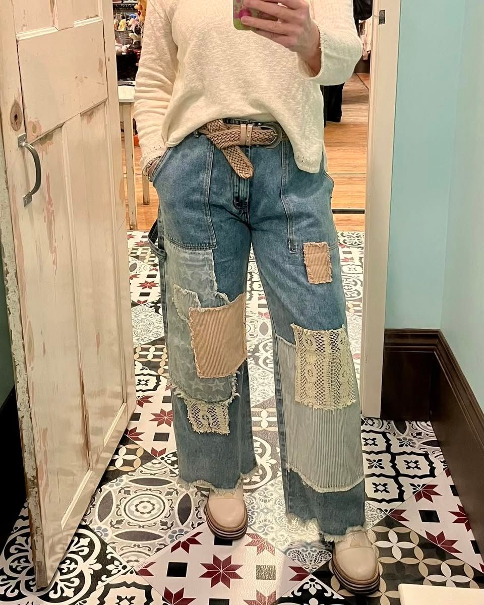 Multi Patchwork Frayed Hem Jeans - SALE -