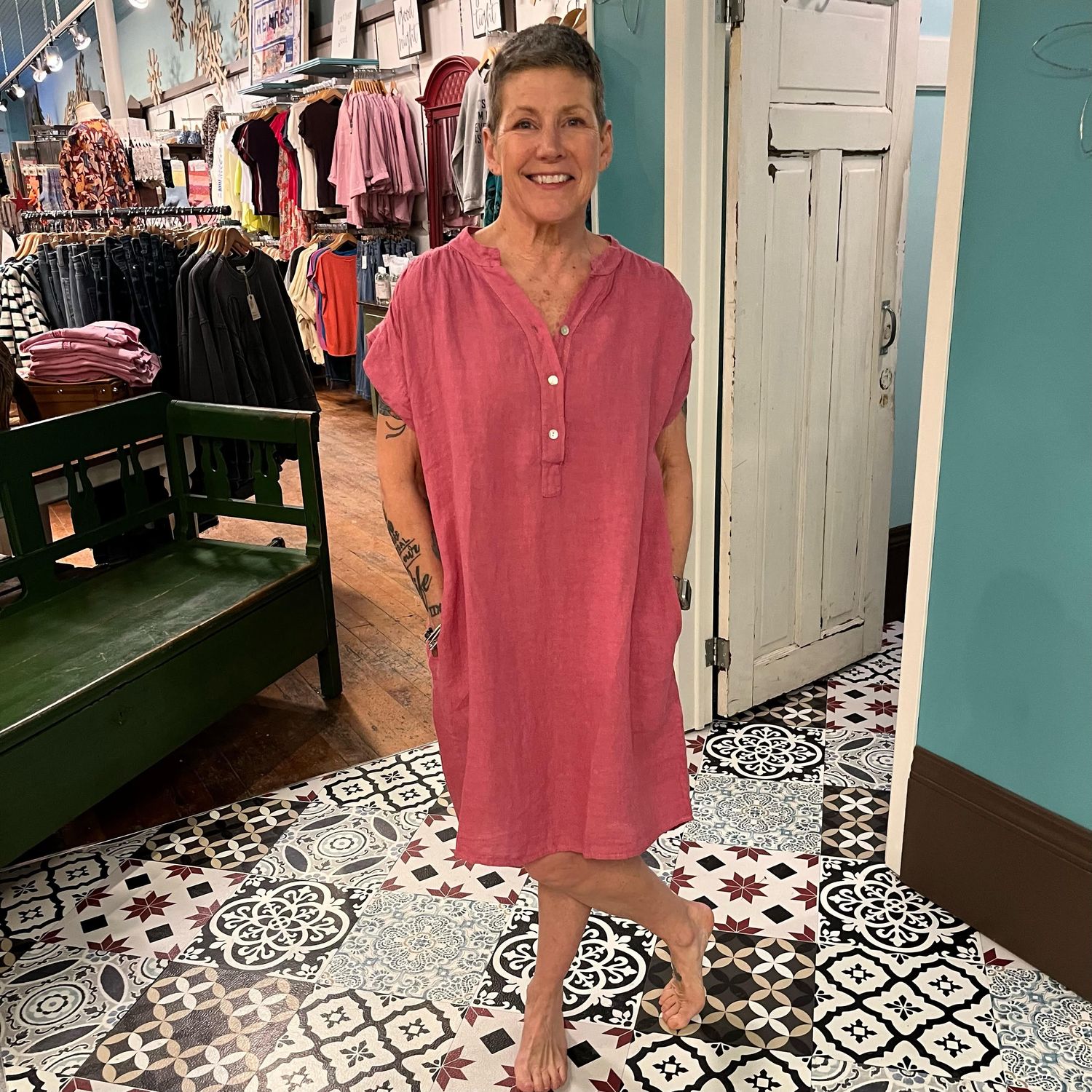 🇨🇦 Ruched Shoulder Linen Dress